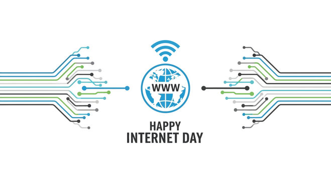 Digital illustration celebrating Internet Day with circuit board patterns and a globe icon.