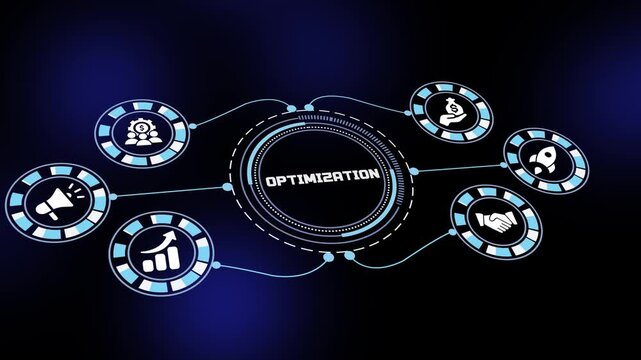 Optimization concept with business efficiency systems, workflow analytics monitoring and modern corporate visualization design.