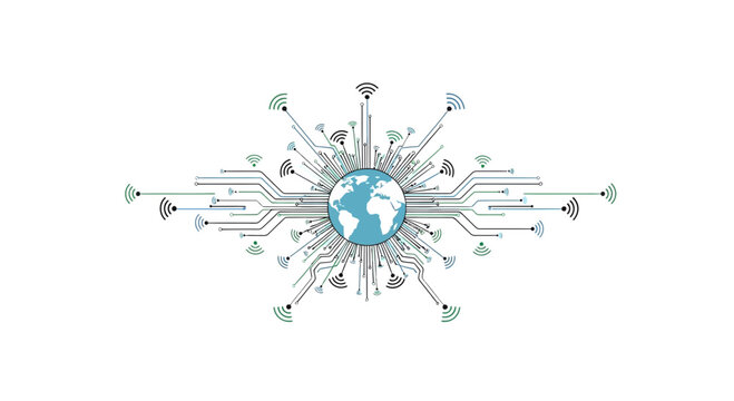 A stylized digital globe connected to global communication networks and wireless technology symbols.