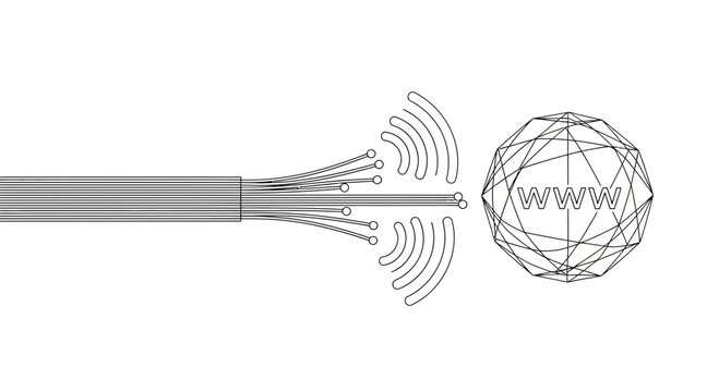 A stylized illustration of an internet cable transmitting data to a global network symbol.