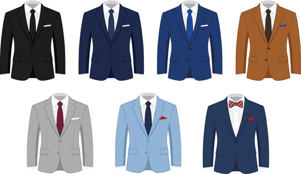 Vector cartoon business men suits set, classic male jackets with ties isolated on white background