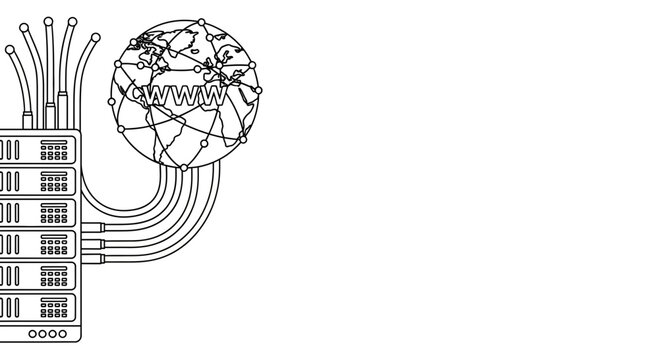 Line art illustration of a server rack connected to a global network globe.