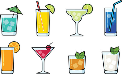 Vector cartoon cocktail drinks set, flat design tropical summer alcohol beverages isolated on white background © Jarin