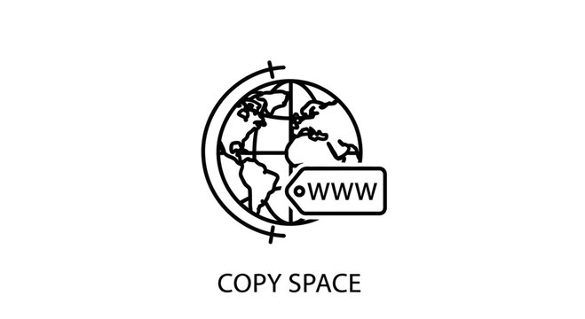 A minimalist line art icon of a globe with a web address tag.