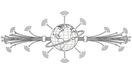 Global communication network illustration featuring a central globe connected to multiple wireless signals and data cables. © Shal_Kafa_Alfattah