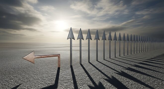 Single arrow deviates from a regimented, sunlit line of metallic arrows