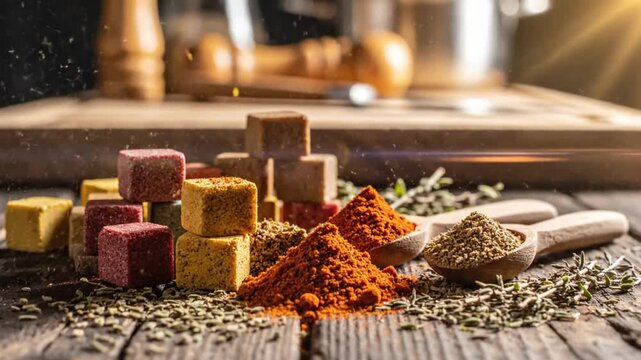 Culinary Composition: Slow motion shot of assorted spices and bouillon cubes on rustic wooden surface with kitchen tools in background