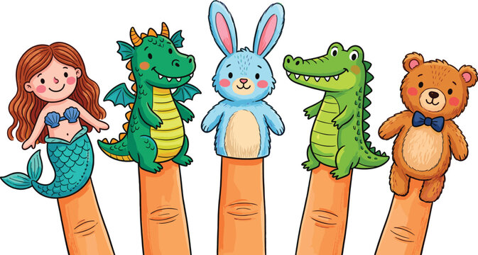 Cartoon cute finger puppets set, funny toys mermaid dragon bunny crocodile and teddy bear vector illustration