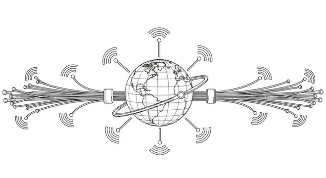 Global communication network illustration featuring a central globe connected to multiple wireless signals and data cables.