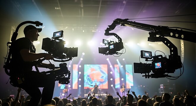 Silhouettes of cameramen operating complex rigs at a vibrant concert, capturing performance