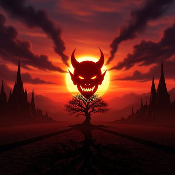 Sinister demonic visage looms over barren landscape, silhouetted tree roots anchor ground