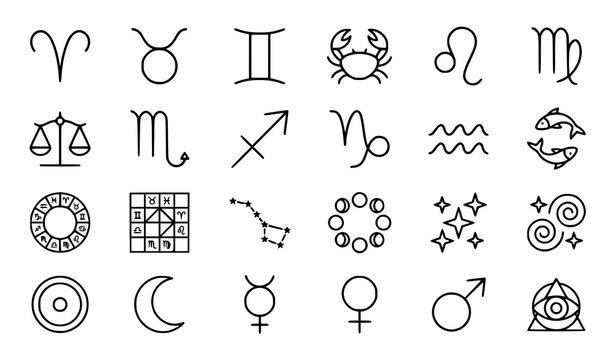 Zodiac Horoscope Outline Icons Collection with Astrology Signs Vector Set