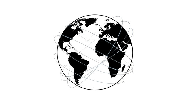 A minimalist black and white globe illustration featuring interconnected global network lines.