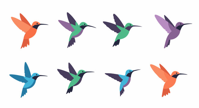 Eight colorful, pixelated hummingbirds in flight against white