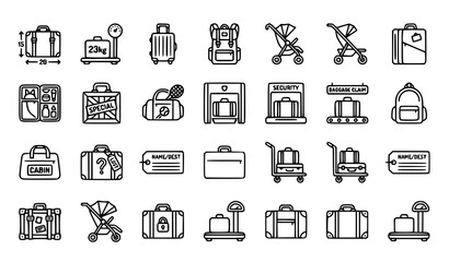 Fototapeta premium Travel Baggage Line Icon Set with Airport Luggage Symbols and Editable Outline Stroke
