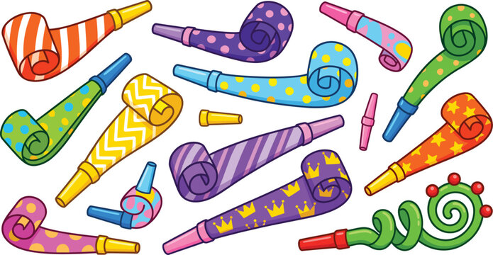 Colorful party blowers and noisemakers set, cartoon vector illustration for birthday celebration design