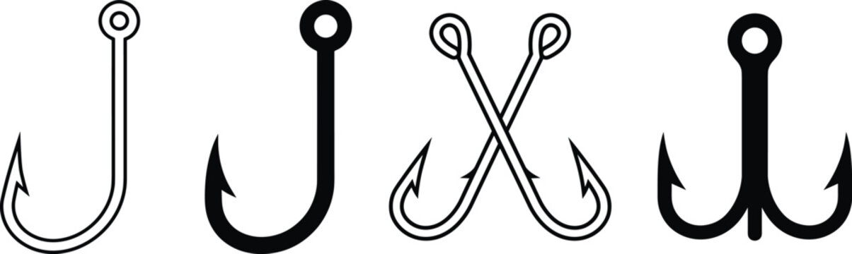Fishing hook icon set, single double and treble hooks line art for angling equipment