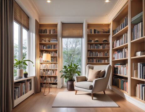 a cozy reading nook with a plush armchair floor to ceiling bookshelves and soft reading lights providing a tranquil space for relaxation and intellectual stimulation minimal and simple