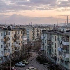 Obraz premium Soviet-era panel apartment buildings at dawn, overcast sky, urban landscape with cars and distant industrial chimney