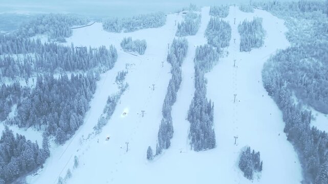 Snowy Mountain Panorama. Expansive Snow Terrain With Interconnected Ski Routes And Forested Ridges