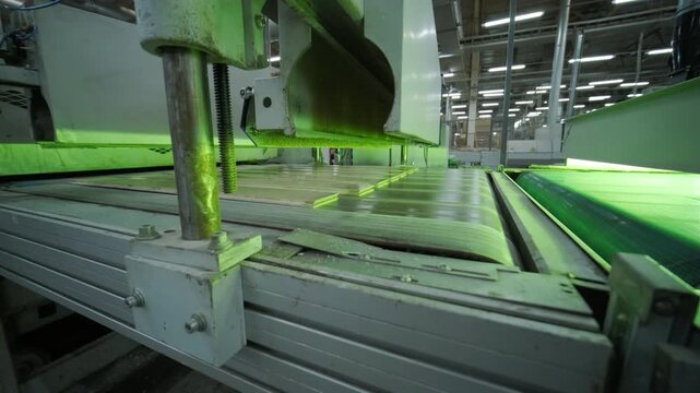 Close-up of an automated production line with timber slats in motion within a modern wood processing facility