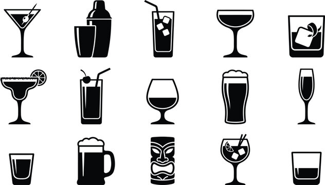 Black and white cocktail various drink glasses and mugs