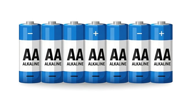 Six blue and white AA alkaline batteries lined up in a row