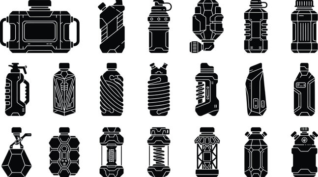 Black and white of 16 various canteens and water bottles with different hydration drinkware