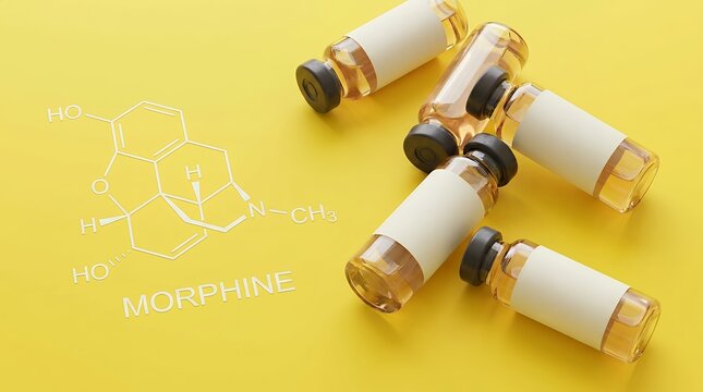 Several small glass medical vials containing amber liquid medication are arranged beside a white printed chemical structural formula of morphine on a vibrant flat yellow surface in a studio