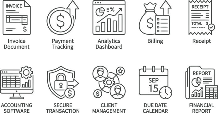 Business finance icons set: invoice, payment, analytics, billing, receipt, accounting, security, client, calendar, report