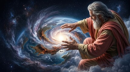 Obraz premium Supreme universal creator: God manifest, cosmic earth, spiritual creation, divine genesis, planet form, holy construct, sacred concept, celestial power, world origin, ethereal design.