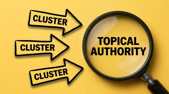 Magnifying glass focusing on the words topical authority next to three pointing arrows labeled with the word cluster arranged on a solid yellow surface to represent search engine strategy