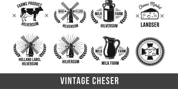 Vintage Dairy Product and Cheese Farm Logos with Milk, Windmills, and Dutch Heritage for Branding, Packaging, and Retro Designs