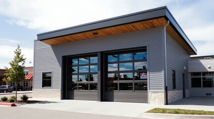 Fototapeta premium Modern fire station with gray fiber cement siding and large glass garage doors. Building has clean lines and wood accent under eaves. Situated in suburban area with trees and cars nearby.