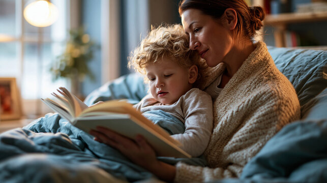 A European mother viewed from the side reads softly with a child on a bright cozy nursery bed during a calm bedtime story moment in soft daylight bedtime story faceless side