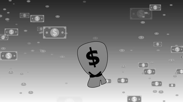 Stylized animation of a money bag with dollar sign surrounded by floating banknotes and coins