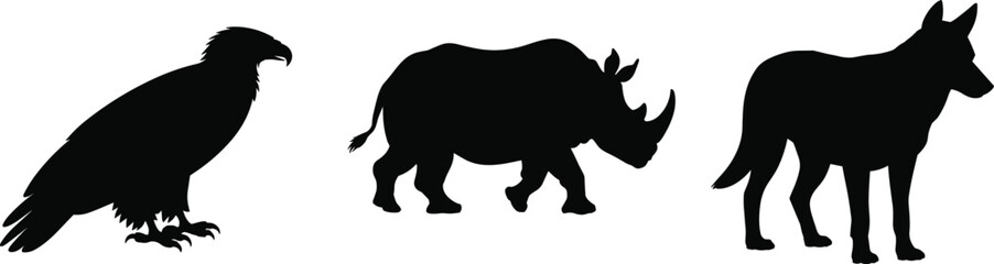 Animal silhouettes, eagle, rhinoceros, wolf, dog, wildlife vector illustration, black silhouette art, nature graphic design, animal icon set, predator © MOSTSHAHANAJ