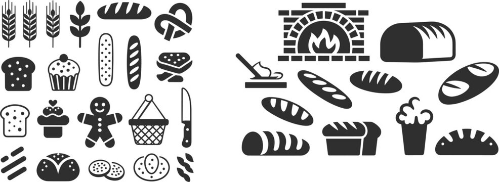 Bakery silhouettes, bread icons, wheat stalks, pretzel, cupcake, baguette, oven, basket, cookie, gingerbread, vector illustration, black silhouette art