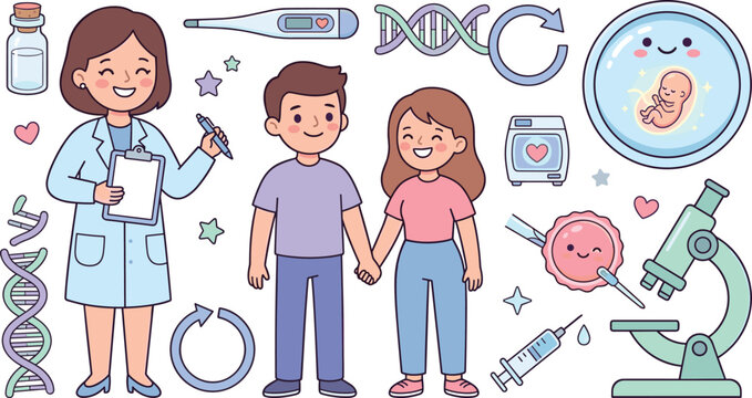 Cute Medical Fertility Vector Icon Set with Chibi Couple Doctor Microscope DNA Embryo and Laboratory Elements for Pregnancy Planning Infographics