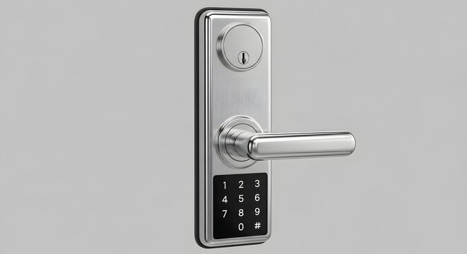 Smart lock with numeric keypad and handle on a light gray background.