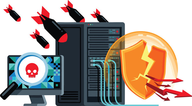 Cyber Attack and Server Data Breach Vector Illustration with Broken Security Shield Malware Skull on Monitor and Bomb Missile Threats