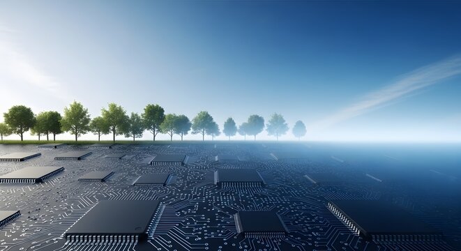 Futuristic technology and nature integration. Sustainable electronic infrastructure. Computer microchips and circuit boards forming a landscape with green trees under a clear blue sky