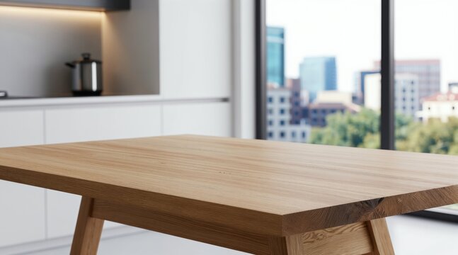 Natural wood table in bright modern kitchen offers city view from large window. Clean white cabinets with pot are in background. Minimalist interior space for product placement or dining.