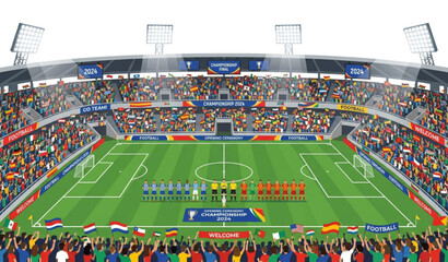 Realistic vector illustration of a professional football stadium with teams at center circle under floodlights and packed stands for championship opening ceremony © MSTNASIMABEGUM