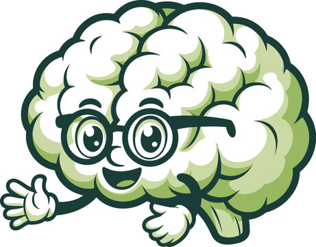 Smart cartoon brain character wearing glasses and giving thumbs up with thumbs up intelligence quotient character