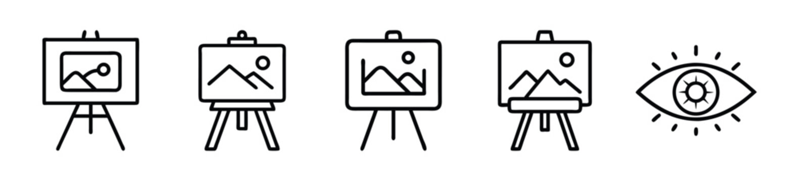 Set of thin line icons for art, painting, and vision, including easel with landscape paintings and an eye symbol, isolated on white background