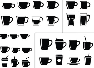 Obraz premium Drinkware silhouettes, cup, mug, glass, coffee cup, takeaway cup, straw lid, beverage container, black vector illustration, kitchenware icon set