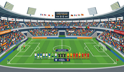 Realistic vector illustration of a professional football stadium with teams at center circle under floodlights and packed stands for championship opening ceremony © MSTNASIMABEGUM