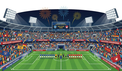 Realistic vector illustration of a professional football stadium with teams at center circle under floodlights and packed stands for championship opening ceremony © MSTNASIMABEGUM