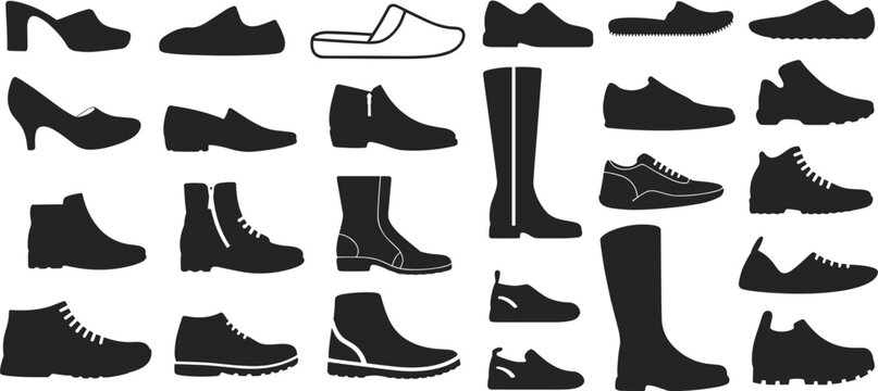 Footwear silhouettes, high heels, slippers, dress shoes, loafers, boots, sneakers, casual shoes, fashion vector illustration, black silhouette art, shoe icons
